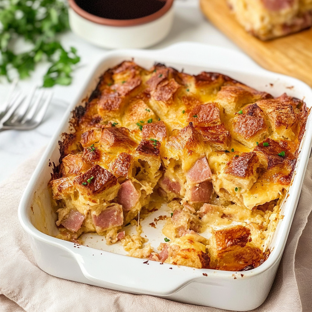 Ham And Cheese Breakfast Casserole Using Croissants