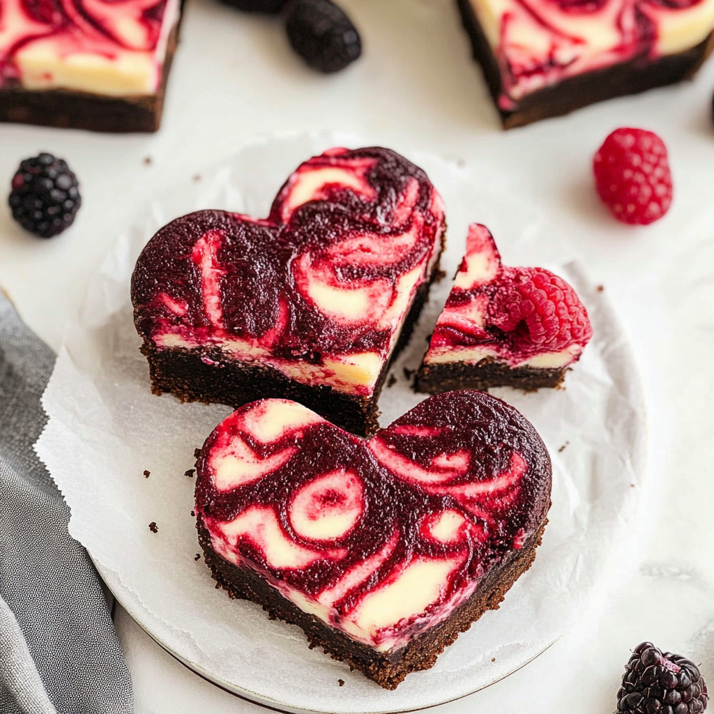 Heart Shaped Brownies with Raspberry Swirl & Cheesecake