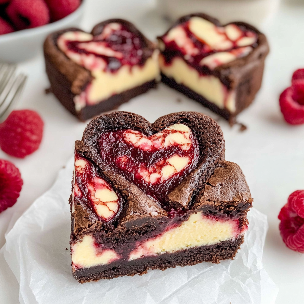 Heart Shaped Brownies with Raspberry Swirl & Cheesecake