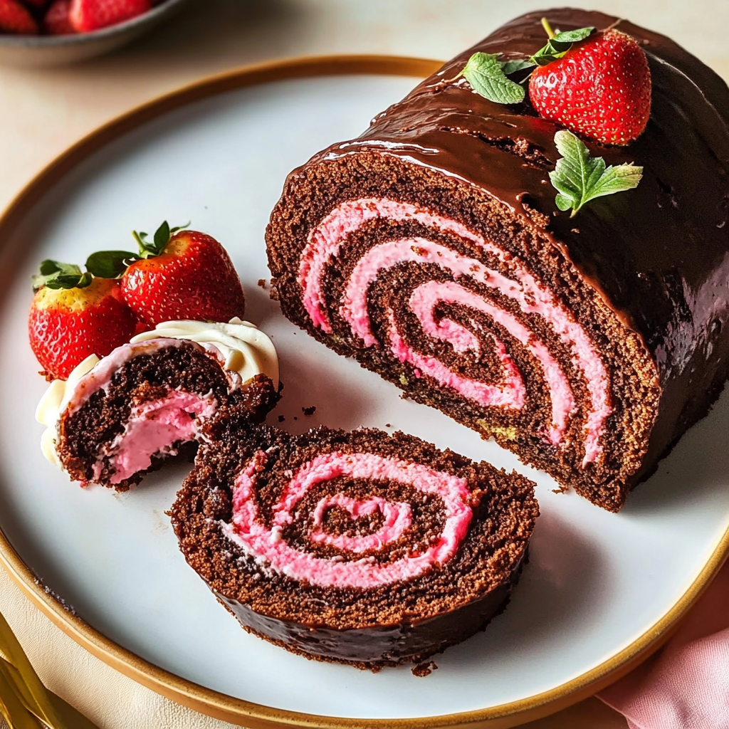 Chocolate-Covered Strawberry Swiss Roll Cake