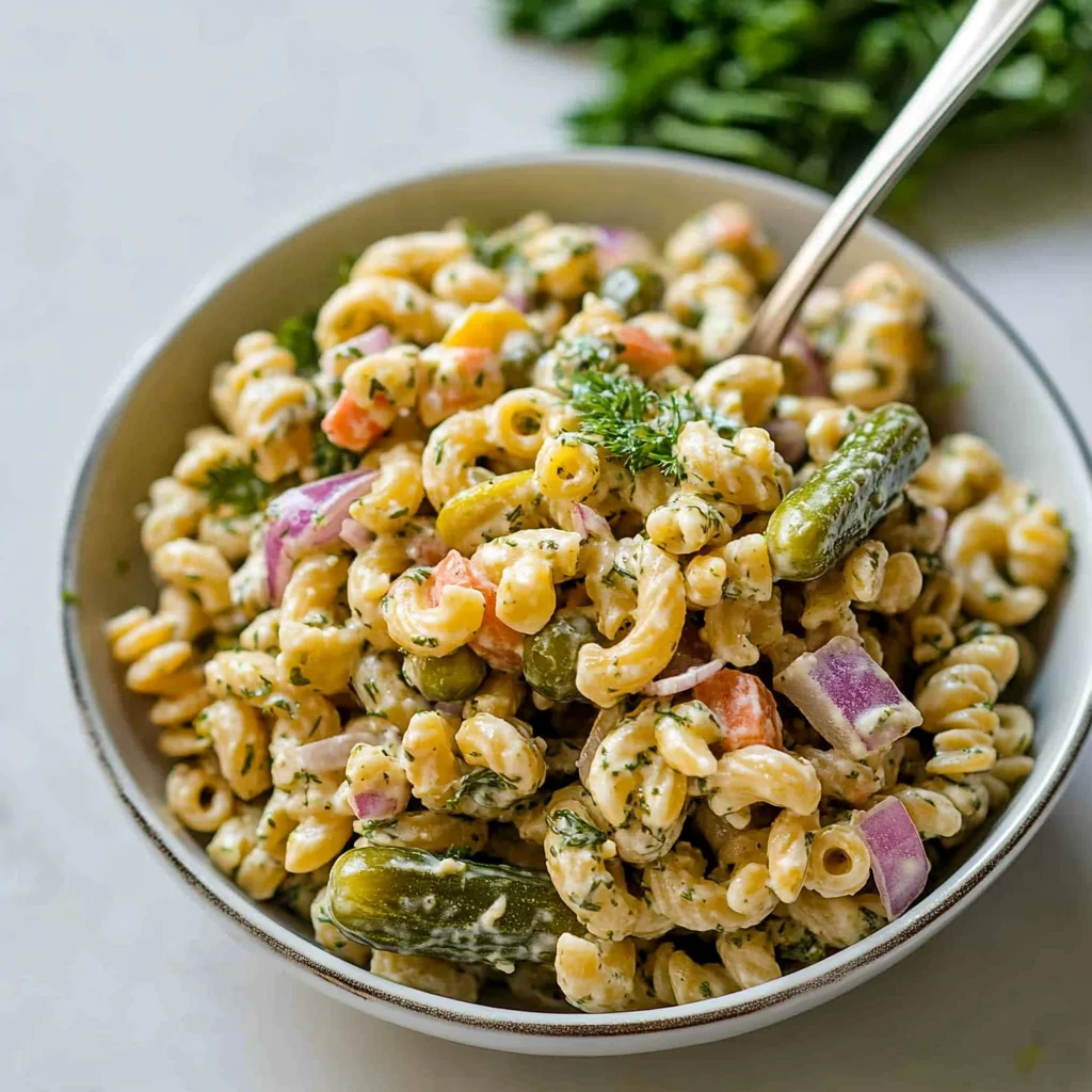 High Protein Dill Pickle Pasta Salad